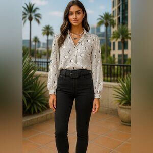 CAbi Eclipse Top White with Black Moon Print Blouse Size Small